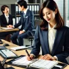 27歳の日本人女性が秘書検定に合格し、そのスキルを活かして企業のオフィスで秘書業務を行っている様子