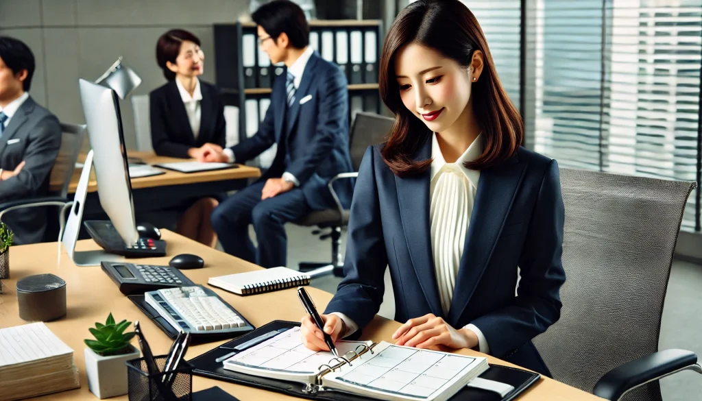 27歳の日本人女性が秘書検定に合格し、そのスキルを活かして企業のオフィスで秘書業務を行っている様子