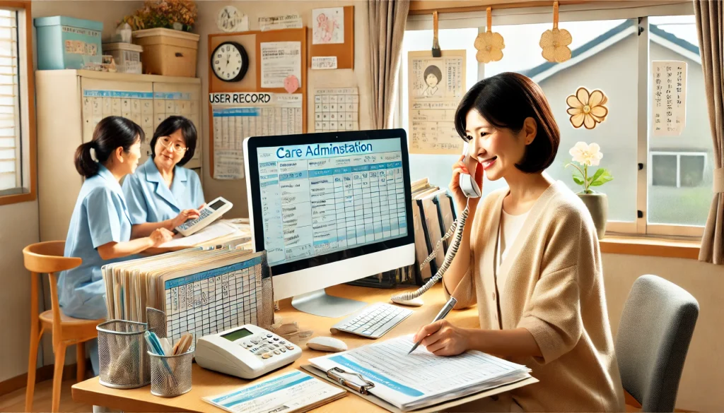 43歳の日本人女性が介護事務の資格を活かして介護施設で働いている様子