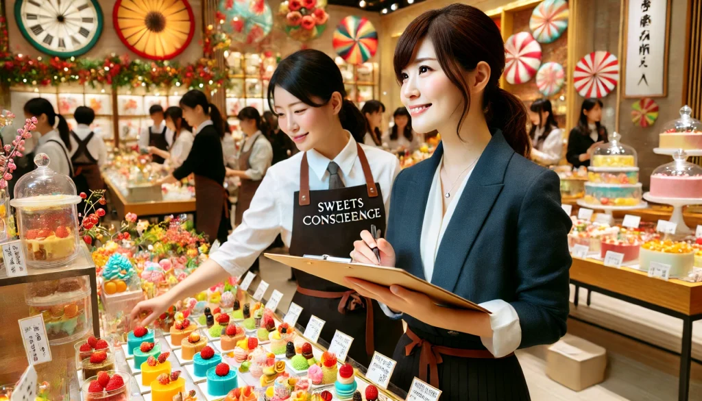 こちらがリクエストされたシーンのイラストです！32歳の日本人女性がスイーツコンシェルジュとして、店舗で季節をテーマにしたスイーツイベントを企画・プロデュースしている様子