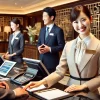 日本人女性がサービス接遇の資格を活かし、高級ホテルのフロントでお客様を笑顔で迎えている様子