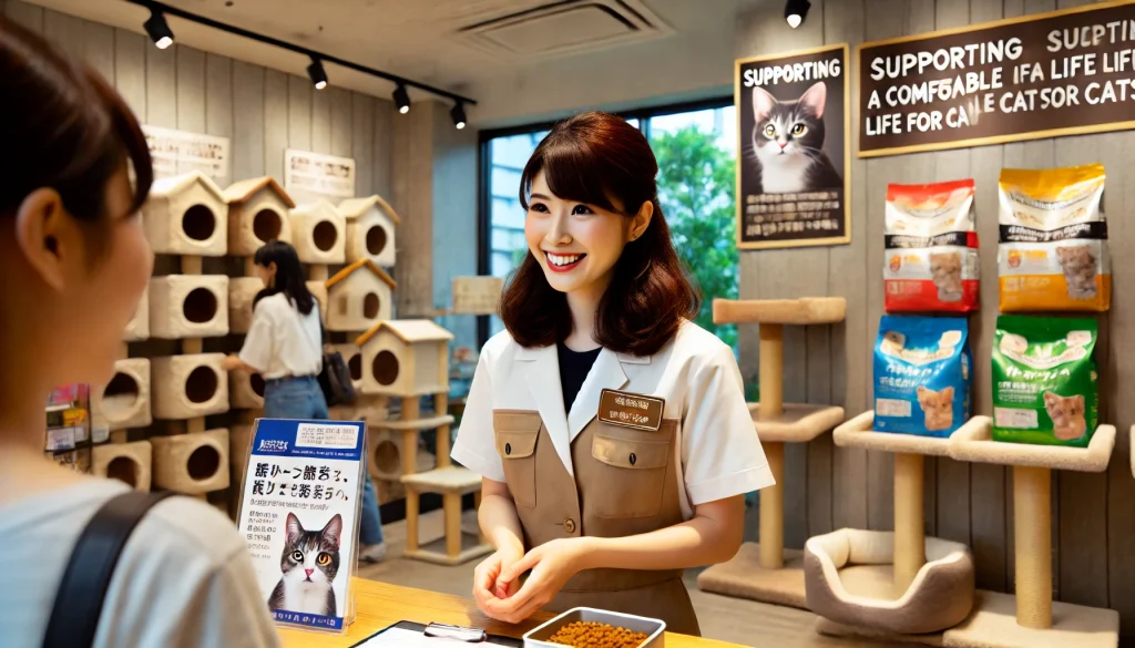 28歳の日本人女性が愛猫飼育スペシャリストとして猫専門のペットショップで働き、飼い主に最適な猫用フード選びや栄養バランスについて丁寧にアドバイスを28歳の日本人女性が愛猫飼育スペシャリストとして猫専門のペットショップで働き、飼い主に最適な猫用フード選びや栄養バランスについて丁寧にアドバイスをしている様子
