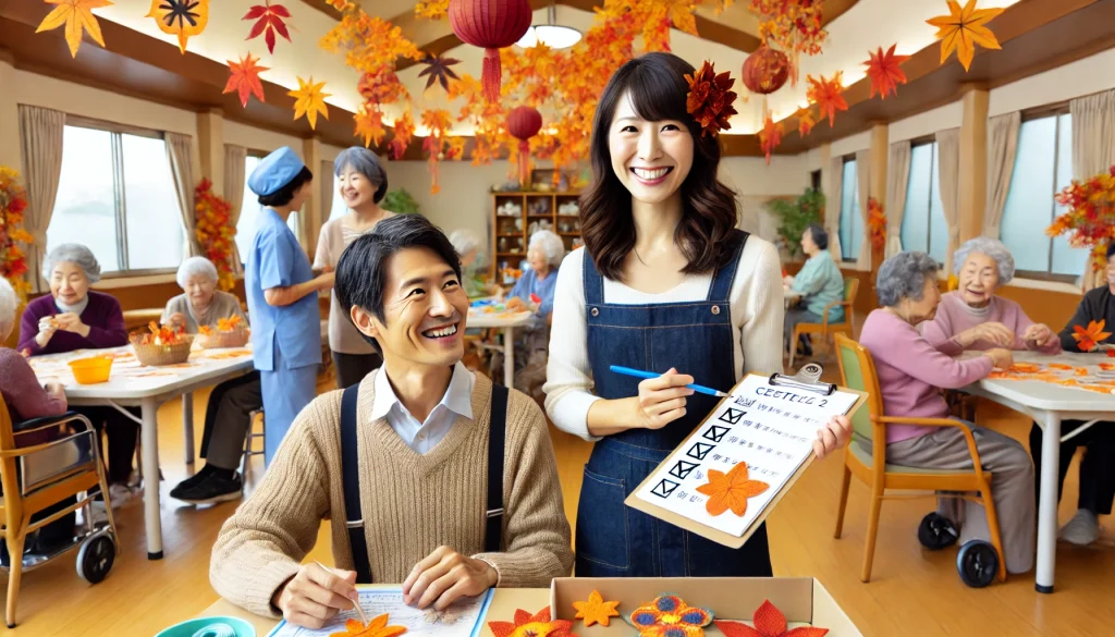 43歳の日本人女性がレクリエーション介護士2級の資格を活かし、秋の紅葉をテーマにしたイベントを介護施設で企画・運営している様子