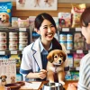 33歳の日本人女性が愛犬飼育スペシャリストとして、ペットショップで飼い主に犬の飼育アドバイスを行っている様子