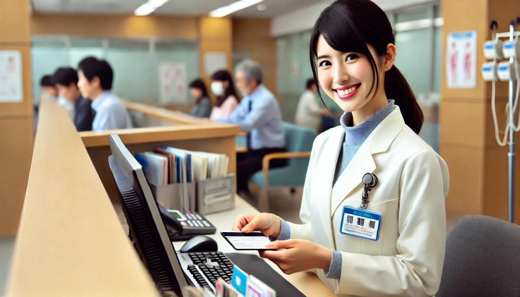 25歳の日本人女性が医療事務の資格を活かし、病院の受付で働いている様子