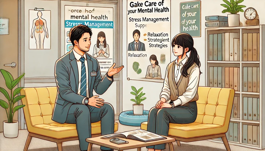 管理職の42歳男性が、メンタルヘルス・マネジメントの資格を活かして女性社員の心の健康サポートをしている様子