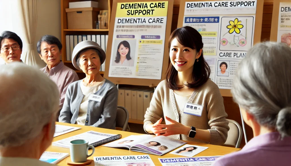 45歳の日本人女性が認知症介助士として、家族や介護者にアドバイスをしている様子