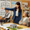 40歳の日本人女性が福祉住環境コーディネーターとして、真剣な表情で住環境改善の提案を説明している場面