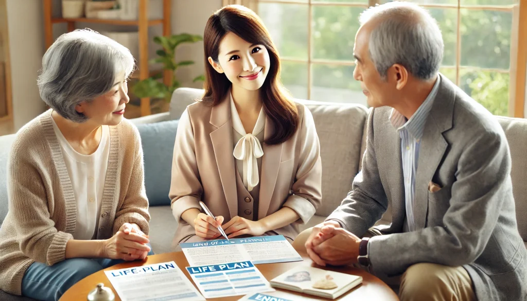 45歳の日本人女性終活アドバイザーが高齢のご夫婦に親身に終活の提案を行っているシーン