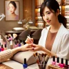 25歳の日本人女性がネイリストとしてネイルサロンで働き、プロフェッショナルな表情でお客様の手を優しく持ち、丁寧にネイルアートを施している様子