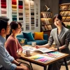 32歳の日本人女性カラーコーディネーターが、内装のイメージチェンジを検討中のご夫婦に色彩計画を提案しているシーン