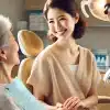 清潔で温かみのある歯科医療現場を舞台に、40歳の女性で介護口腔ケア推進士が微笑みながら高齢の患者に寄り添い、口腔ケアを行う場面