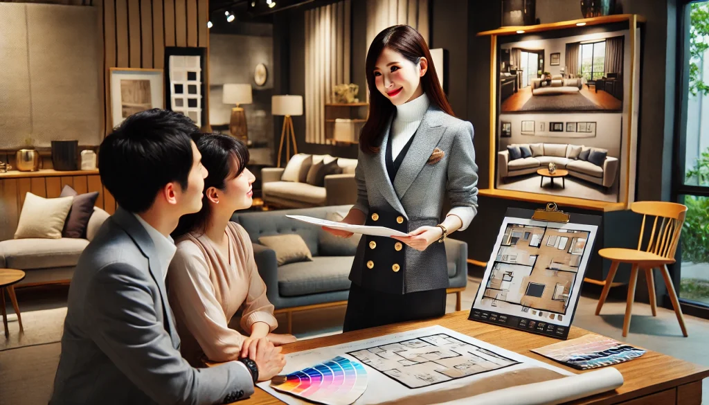 32歳の日本人女性がインテリアコーディネーターとして、新築を検討中のご夫婦に内装デザインを提案しているシーン
