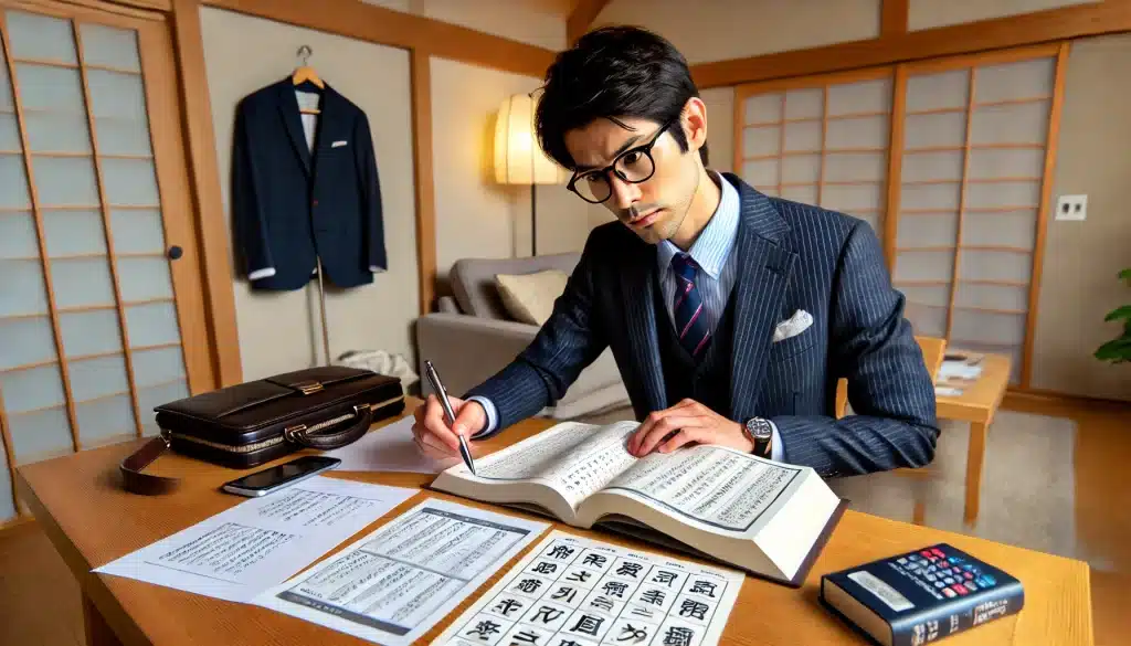 30歳の日本人男性会社員が自宅のデスクで真剣に漢字検定の勉強をしている場面