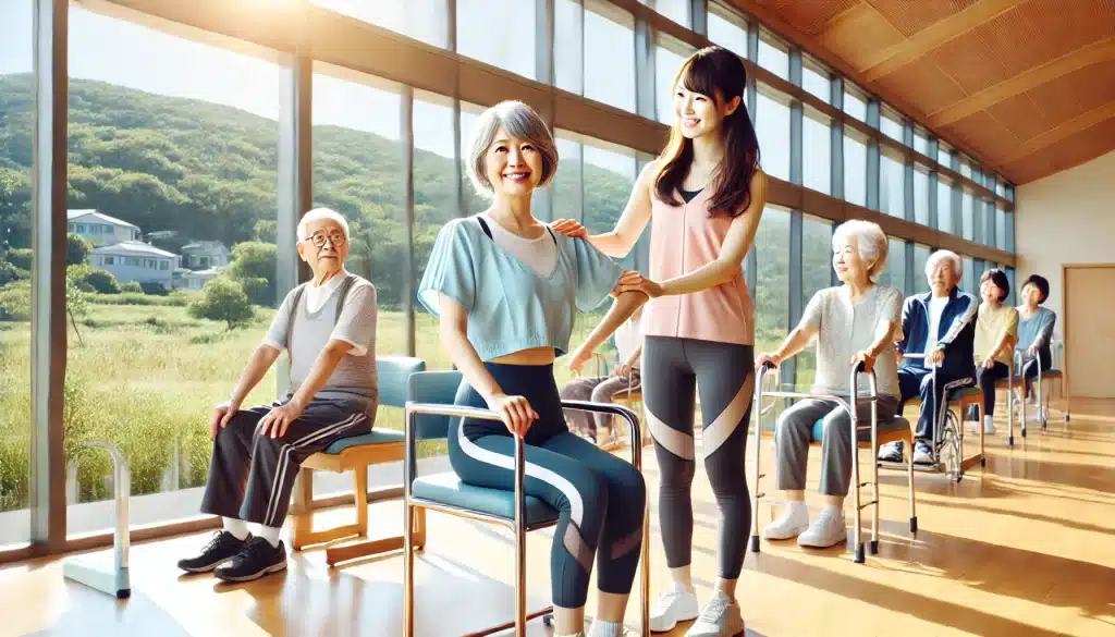 明るい地域の運動施設で、40歳の女性介護予防健康アドバイザーが高齢者に優しく指導している健康的で前向きな雰囲気