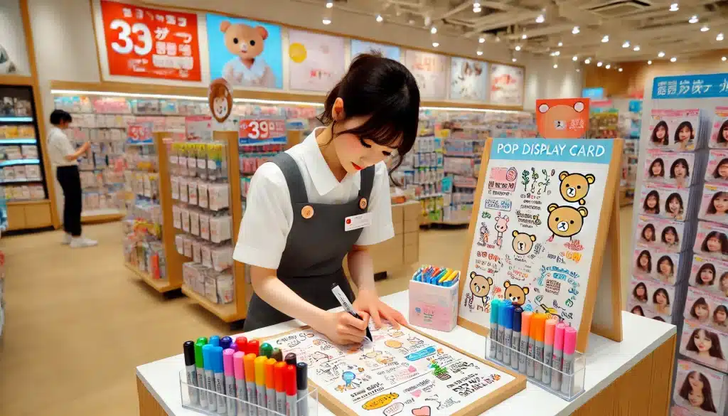 小売店の店内で20代の女性販売員が、商品の魅力を伝えるために手書きポップをマーカーを使って丁寧に制作している様子