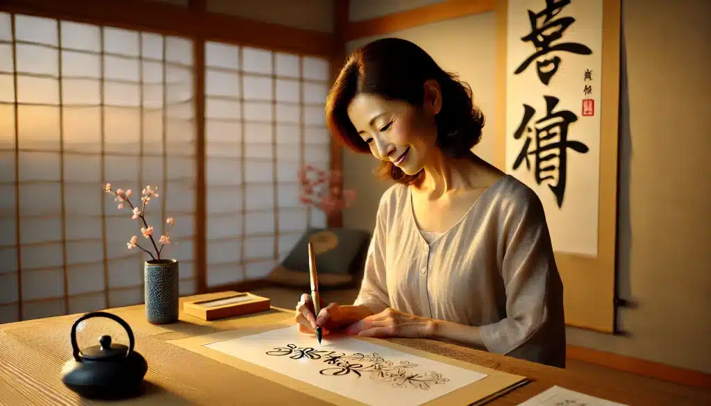 女性は穏やかな表情で筆ペンの練習成果を見て微笑んでいる