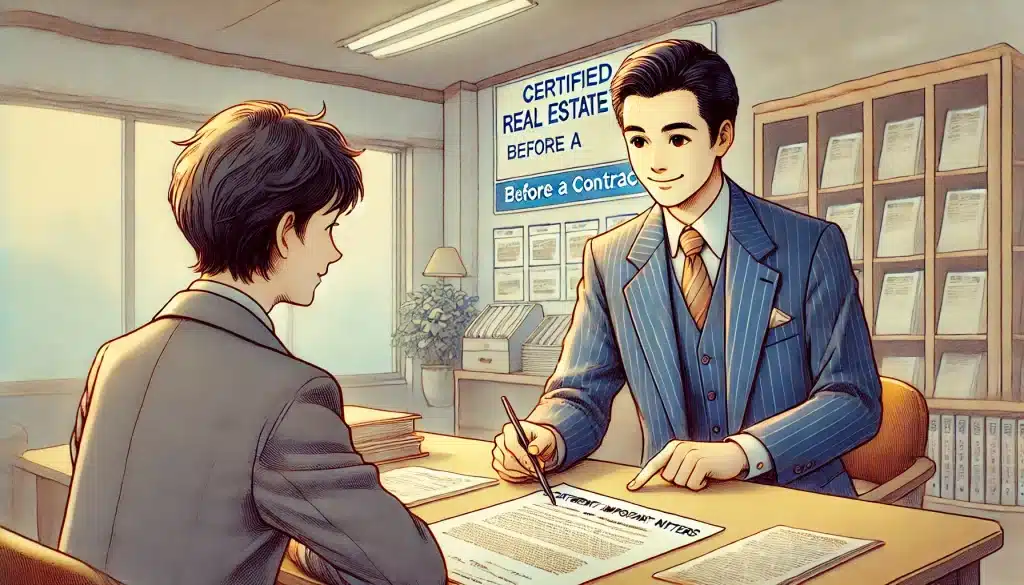 宅建士が不動産契約前に『重要事項説明書』を作成し、店舗内で契約者に分かりやすく説明している場面