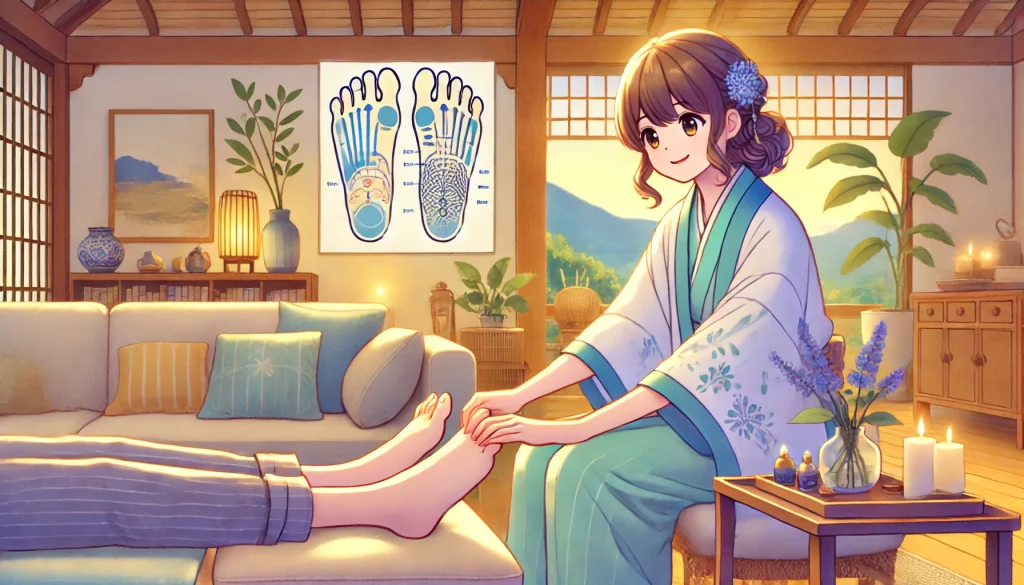 柔らかな照明と家庭のリビングルームのようなリラックスした雰囲気の中で、妻が夫の足を優しく押す様子