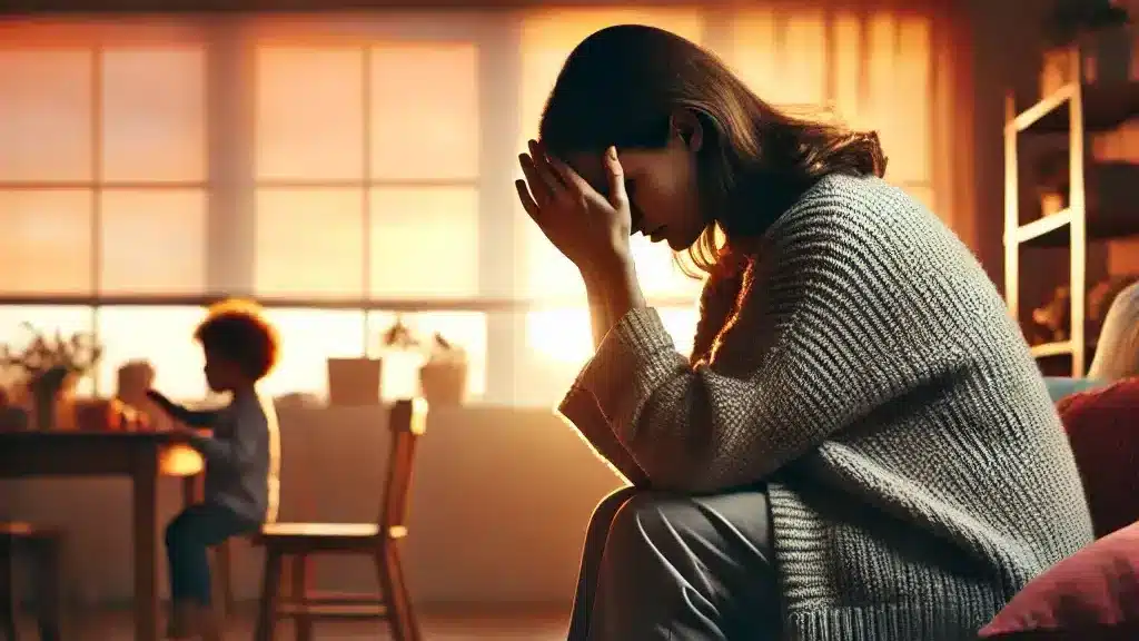 30代の女性が子どもたちを叱った後で、深い後悔を抱えているシーン